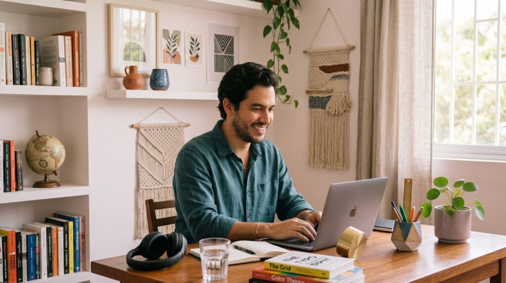 Joven latinoamericano escribiendo un correo de agradecimiento después de una entrevista de trabajo