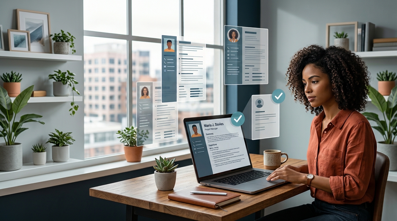 Persona comparando plantillas de CV gratis en una laptop